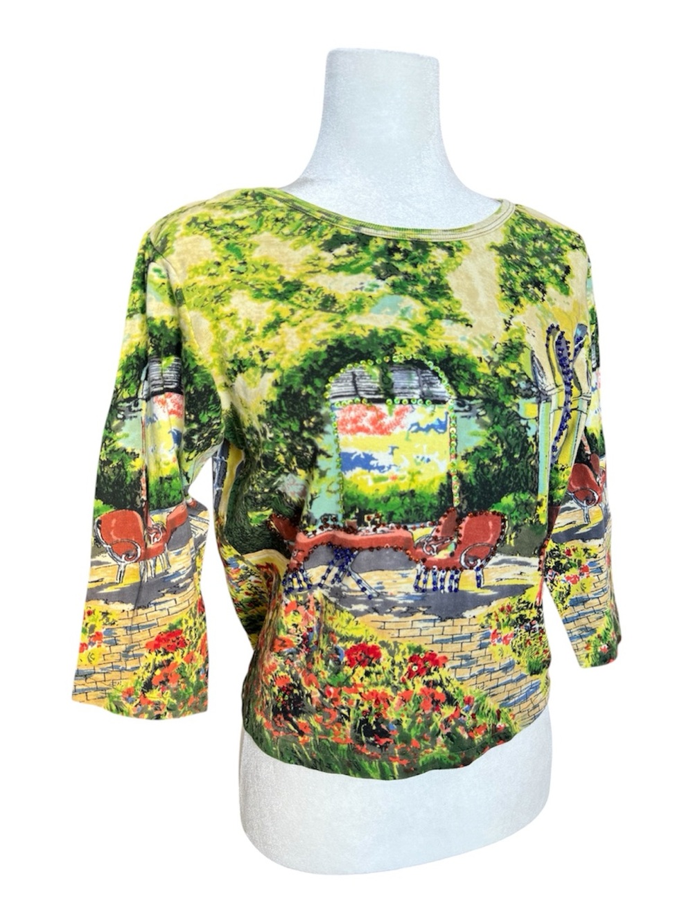 Scenic print beaded sequin 3/4 sleeve colorful top - Half Moon Bay Medium